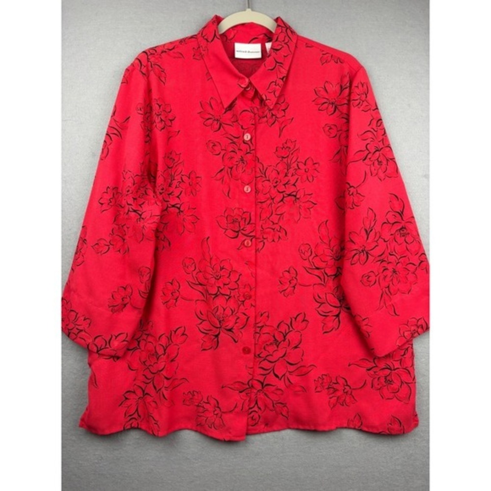 Alfred Dunner Blouse Womens 18 Pink Red Floral Button Up 3/4 Sleeve NWOT